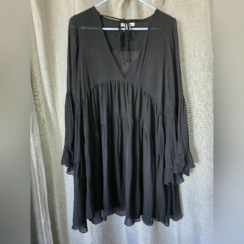 Young Fabulous Broke Sheer Long Sleeve Tiered Dress Black V Neck Size S - Picture 1 of 5